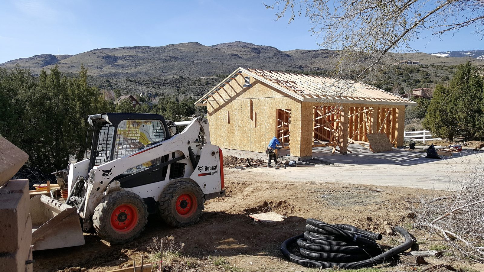 Garage sheathing and roof trusses, Mayberry area