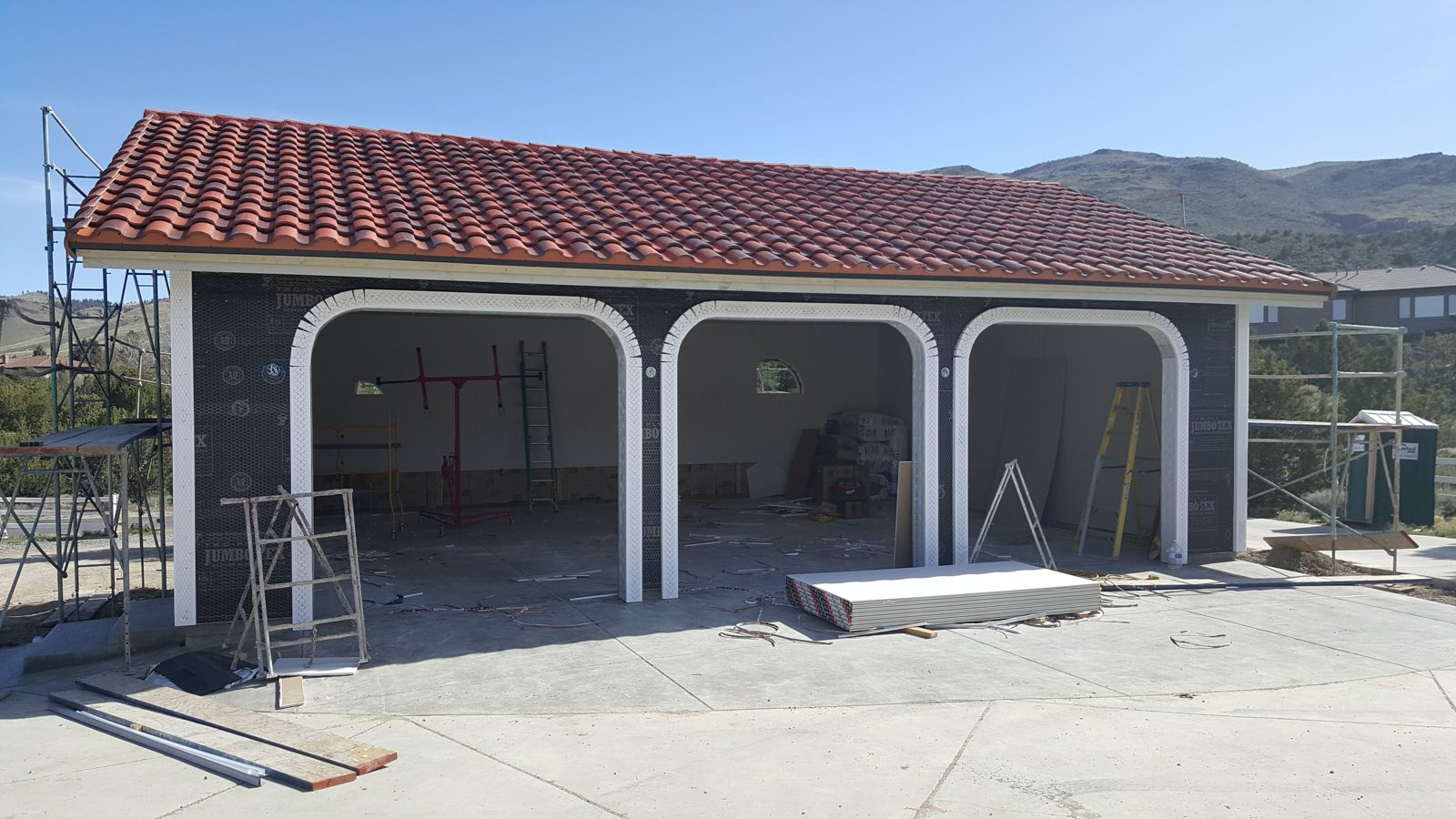 Tile roof and stucco prep on new garage, Mayberry area