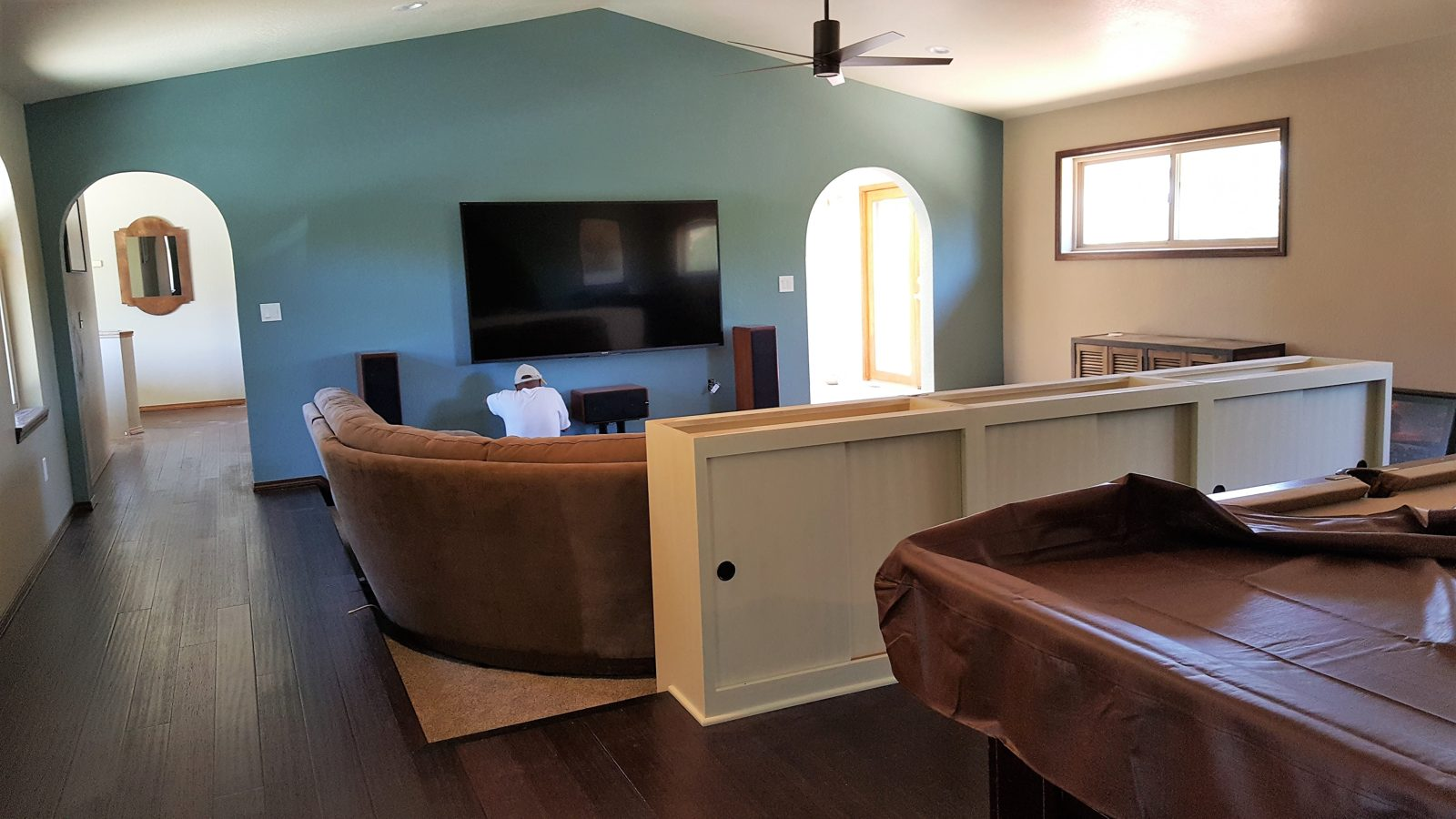 Finished media room in converted garage, Mayberry area
